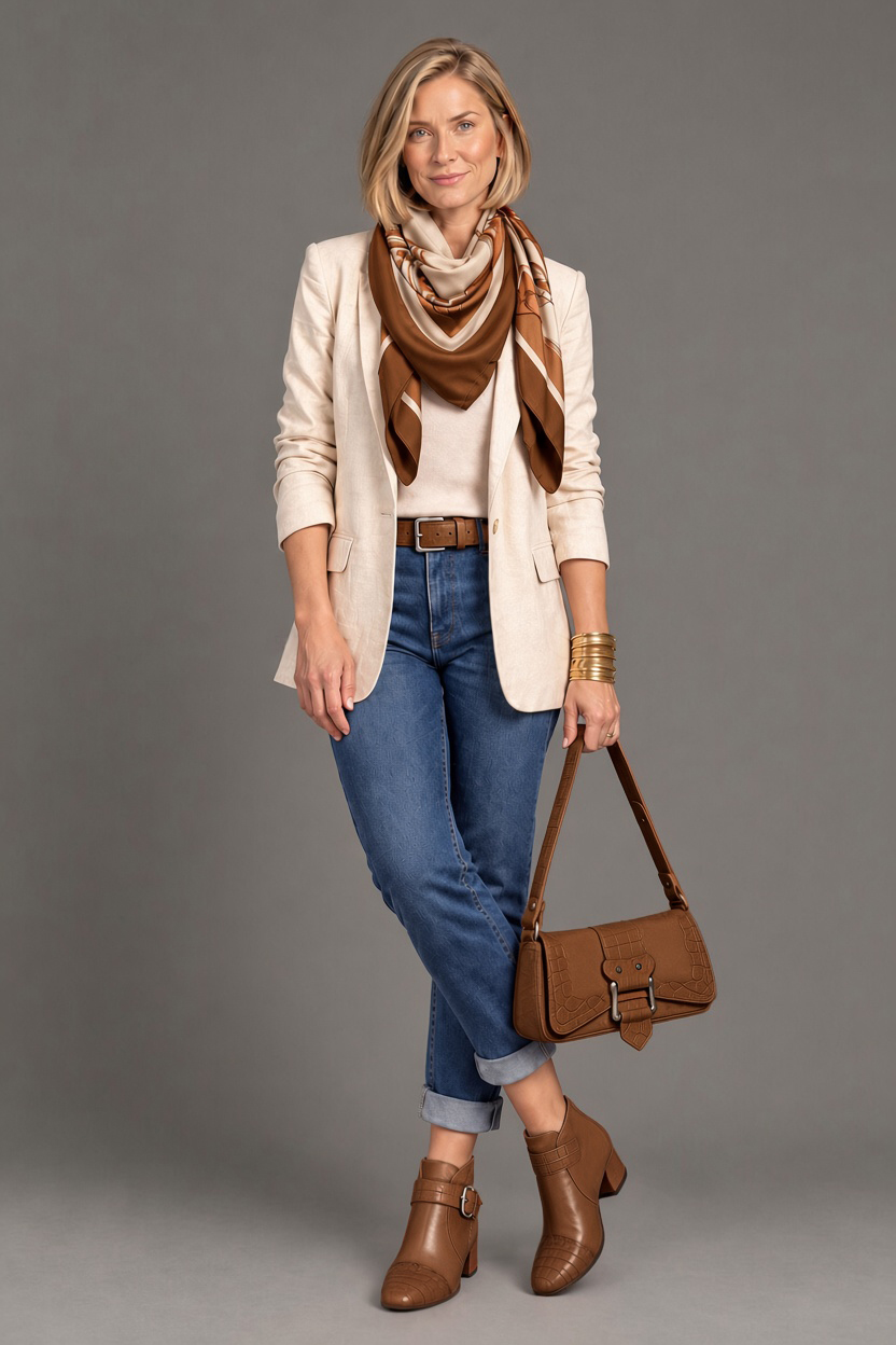 Women's cognac front-buckle ankle boots with round toe and low flared heel - Top view